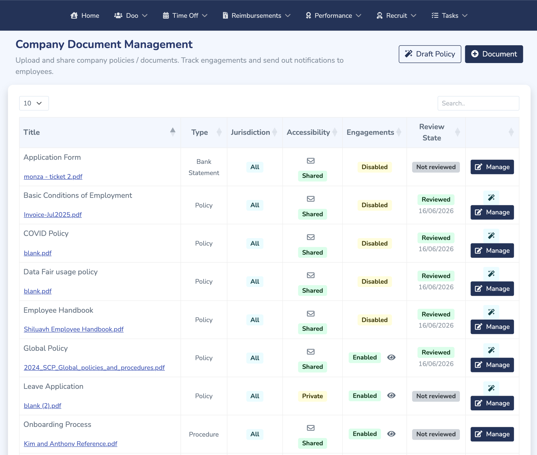Doo company documents dashboard showing policies, review states and engagement controls