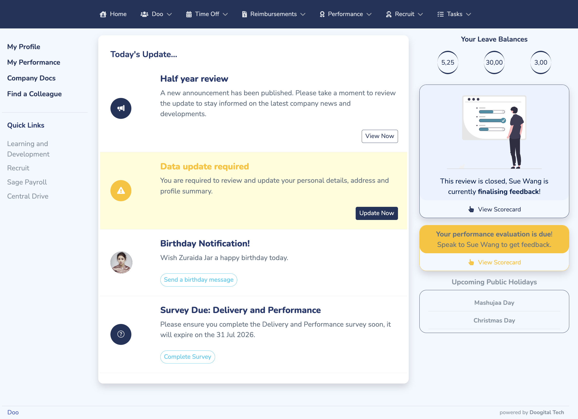 Doo employee dashboard showing updates, leave balances, performance actions and surveys