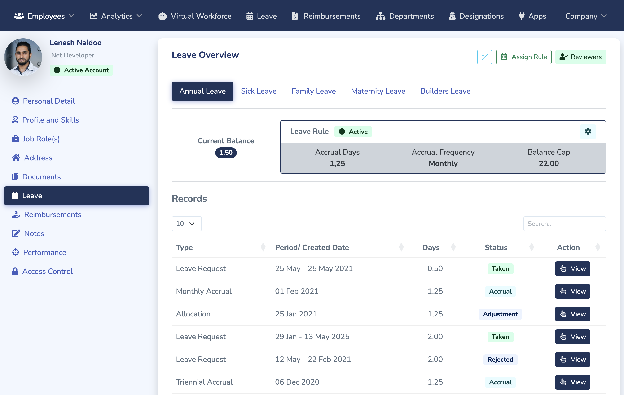 Doo employee leave overview showing current balance and request records