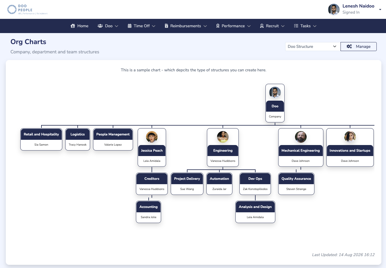 Doo organogram showing company, department and team reporting structures