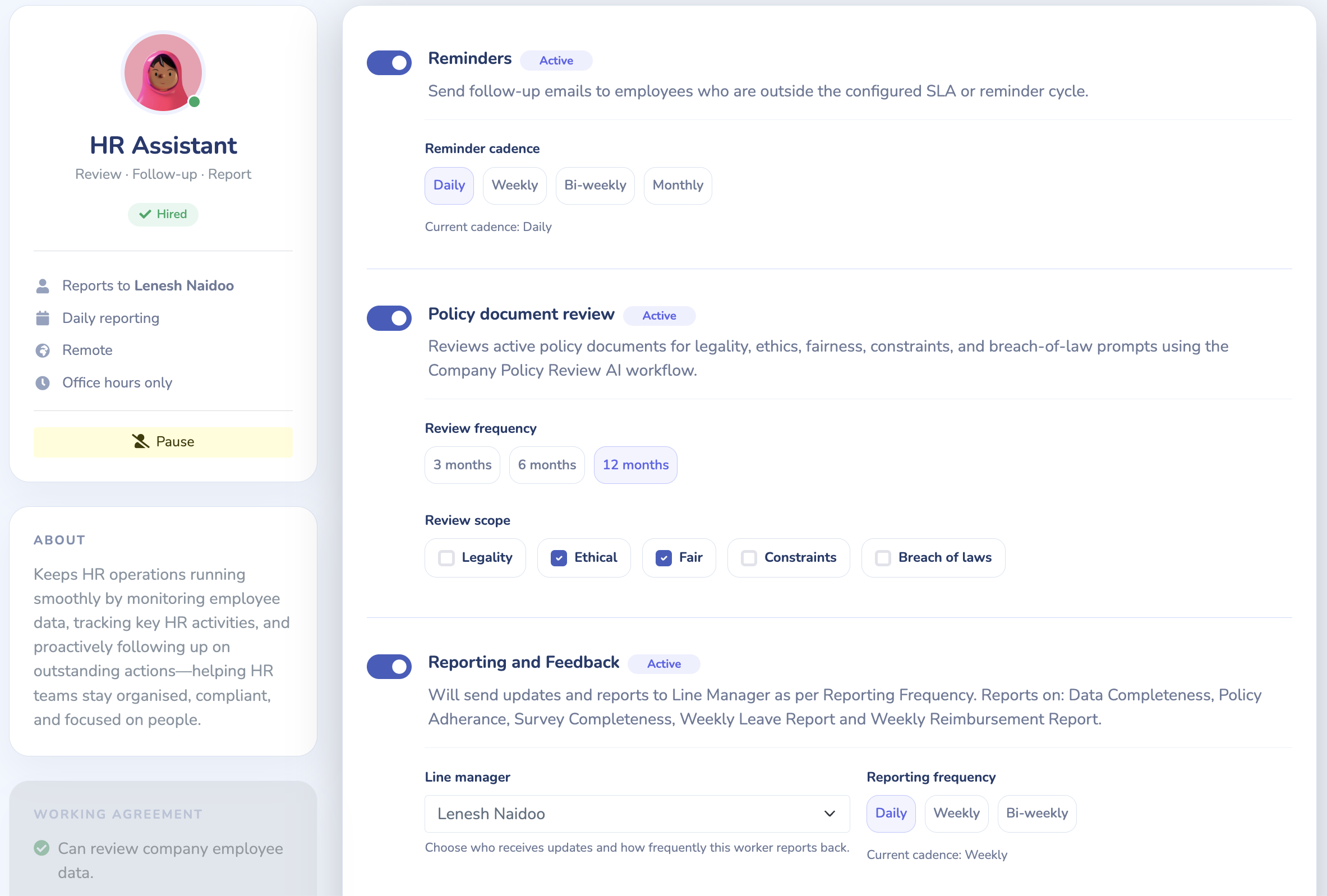Example Doo HR Assistant settings showing reminder cadence, policy review scope and reporting controls.