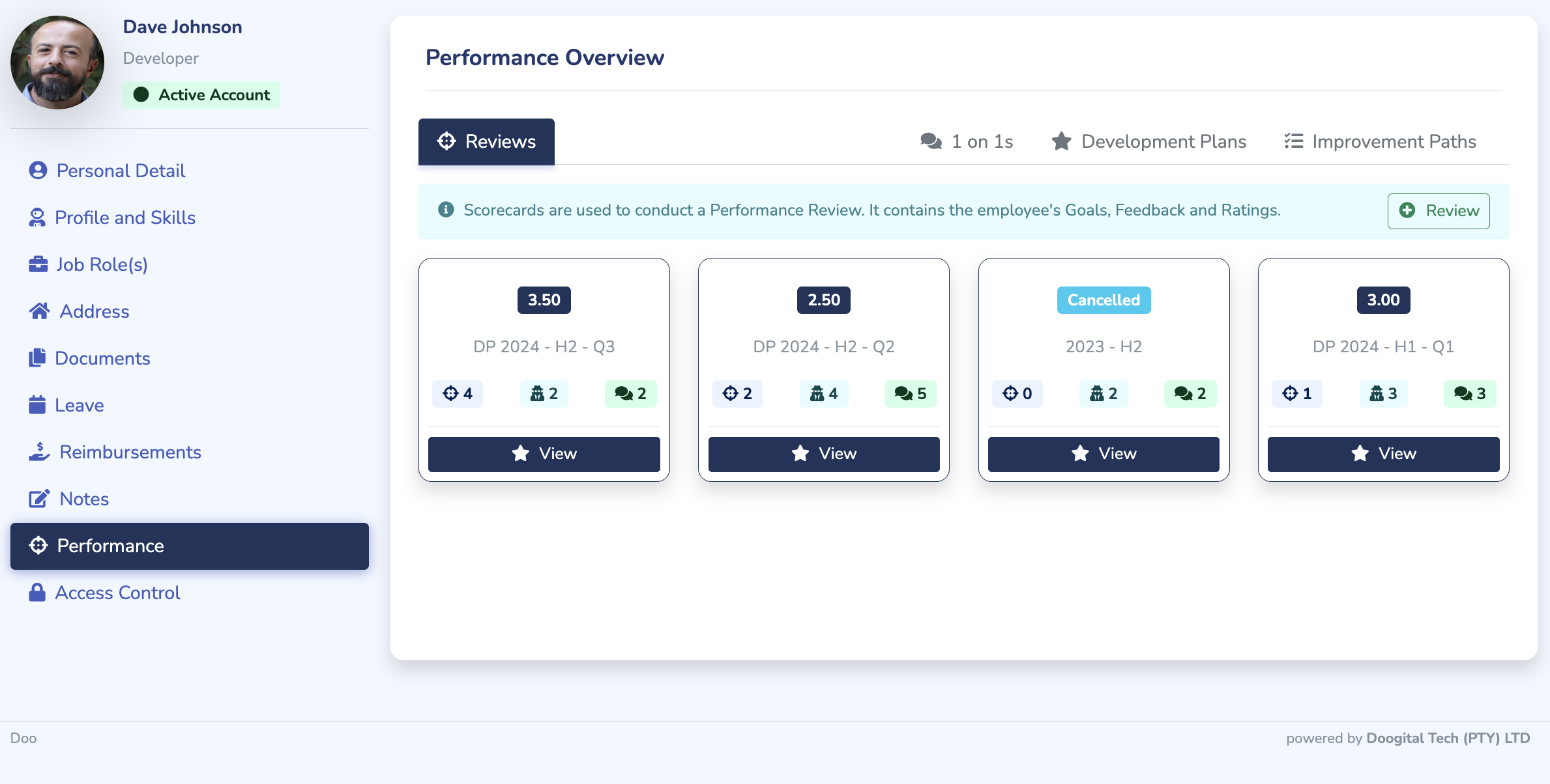 Doo employee performance workspace showing performance review history