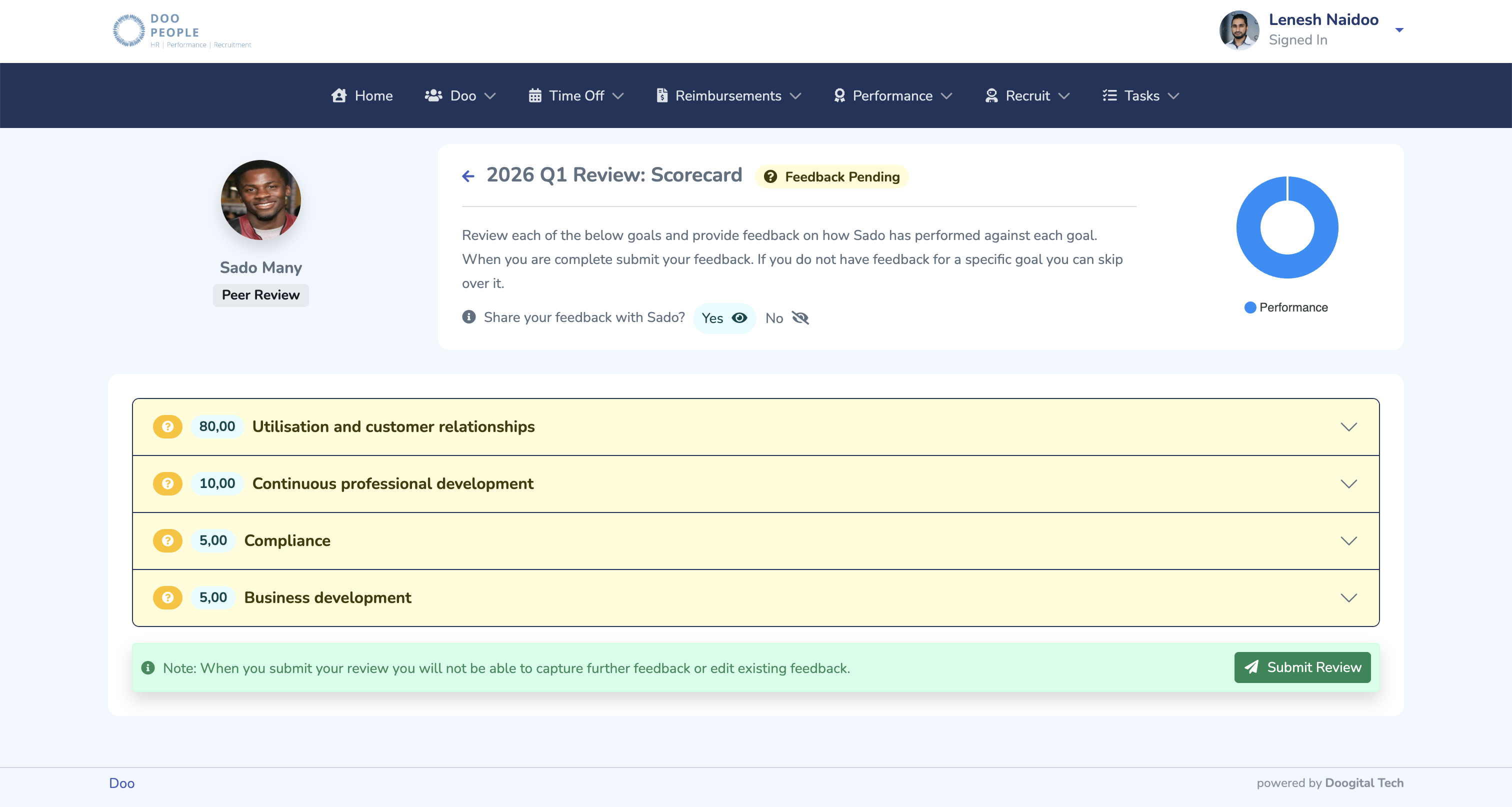 Doo feedback review screen showing structured feedback and completion status