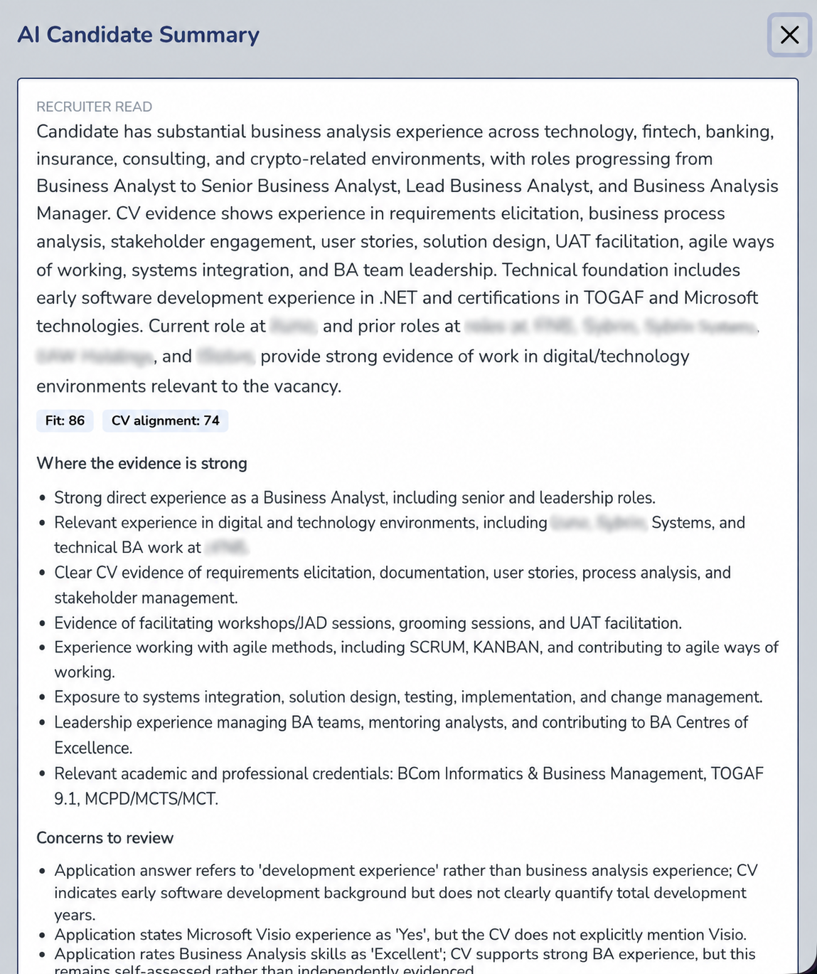 Doo AI candidate summary showing evidence, fit indicators and concerns for recruiter review
