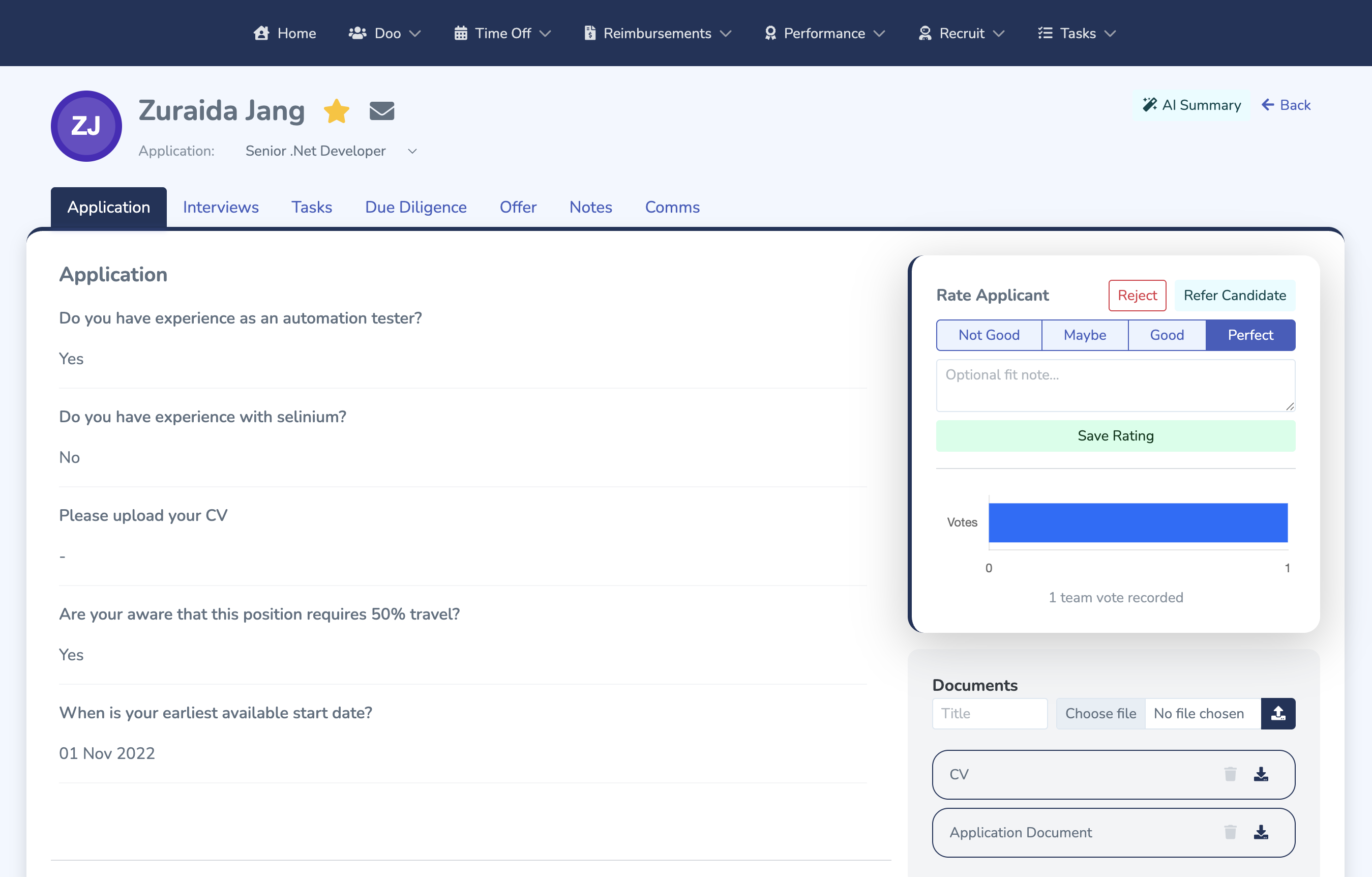 Doo applicant profile with screening responses, team rating and candidate documents