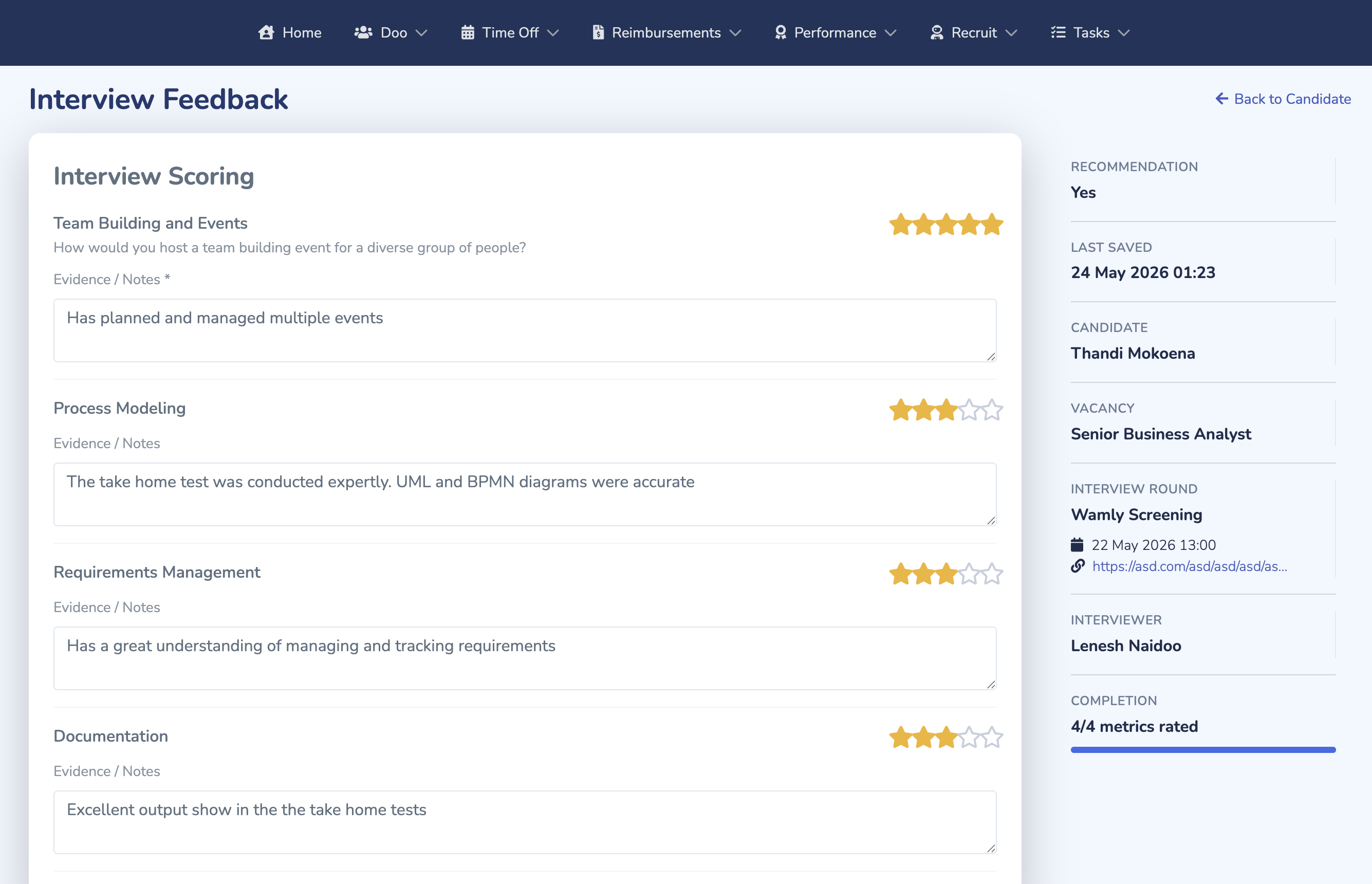 Doo interview scorecard with evidence notes, ratings and recommendation