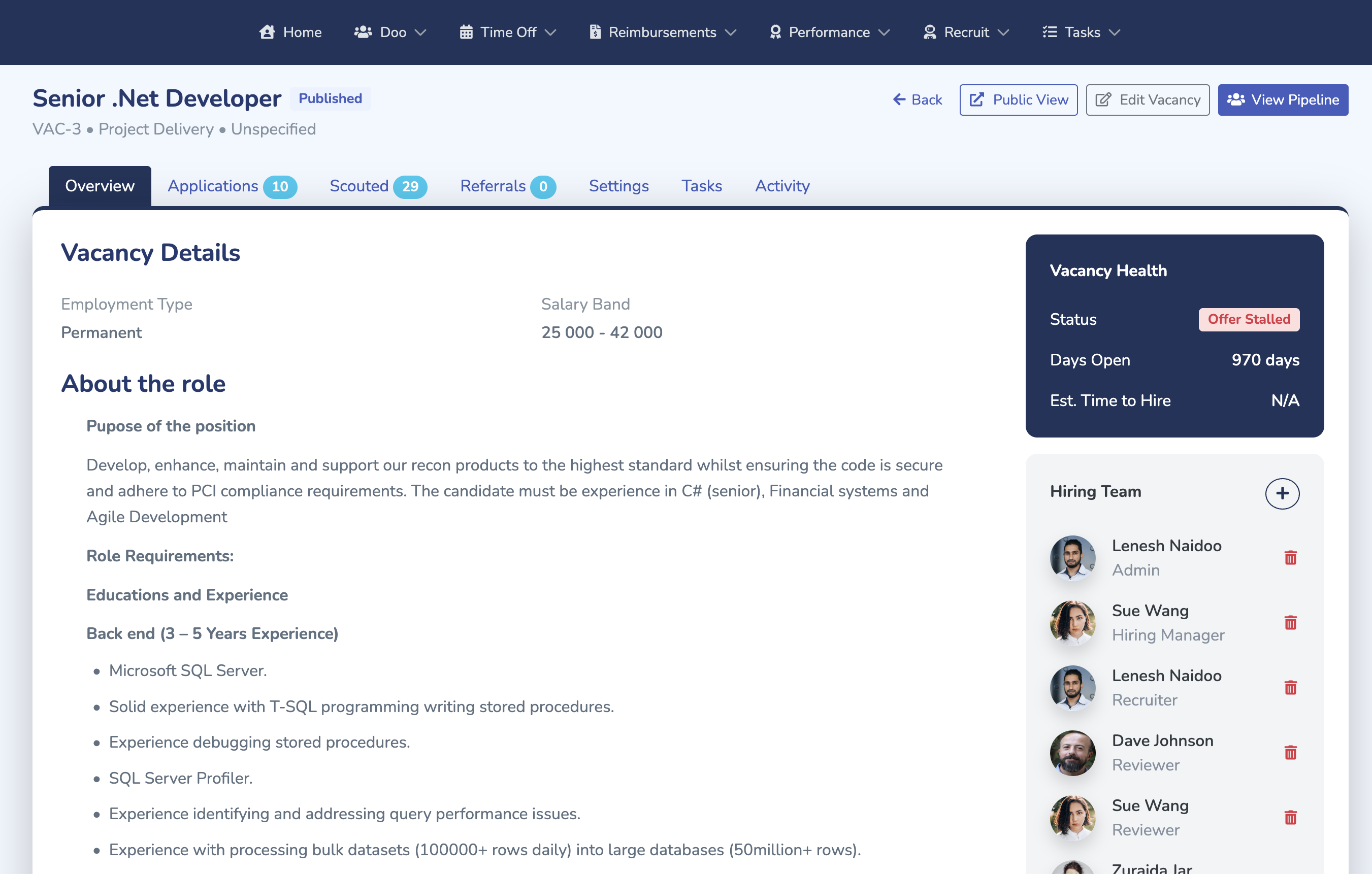 Doo recruitment vacancy workspace with role details, applications and hiring team